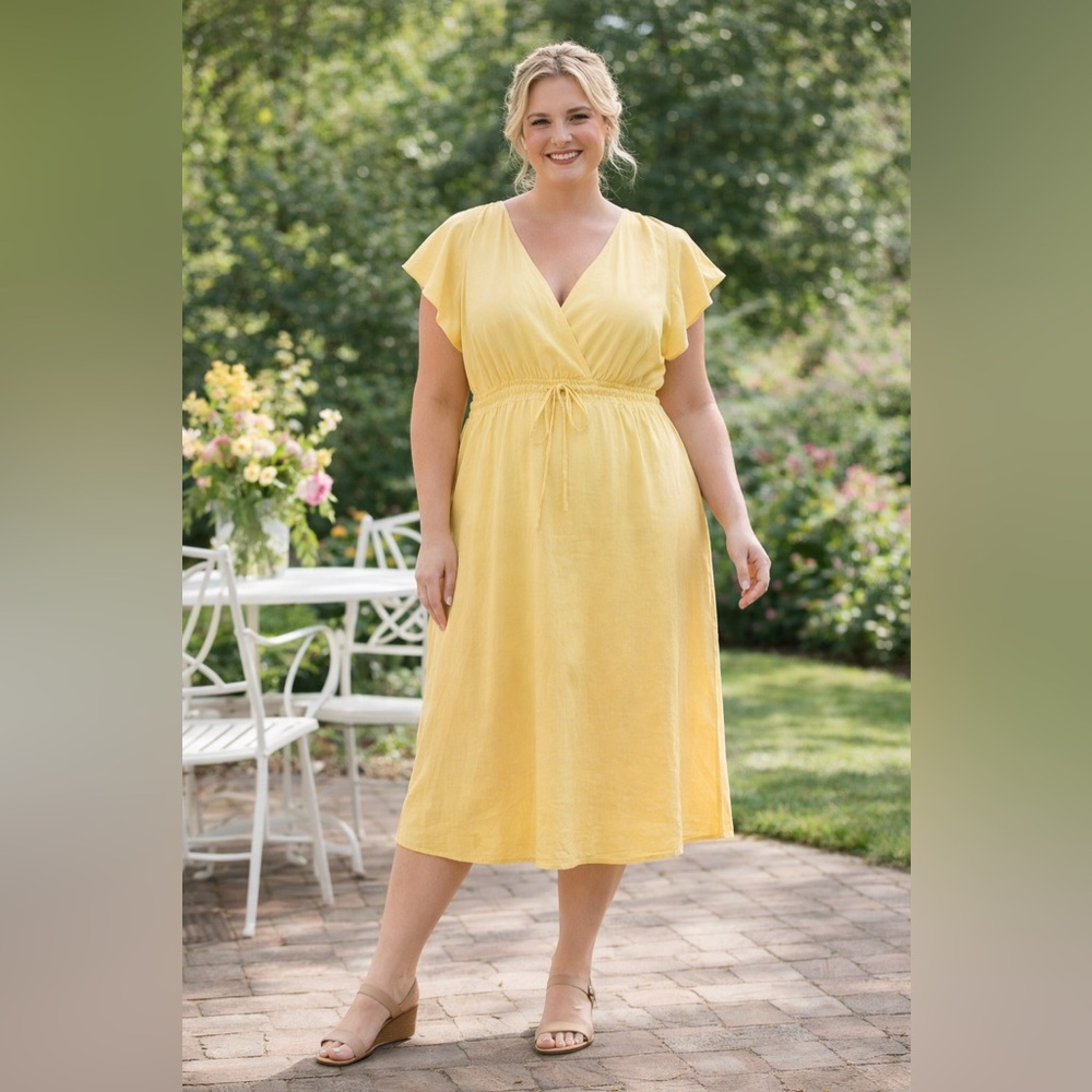 Talbots Petite Plus 20WP Yellow Flutter Sleeve Midi Dress Cotton Lyocell